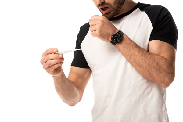 Cropped view of sick man holding digital thermometer and coughing isolated on white — Stock Photo