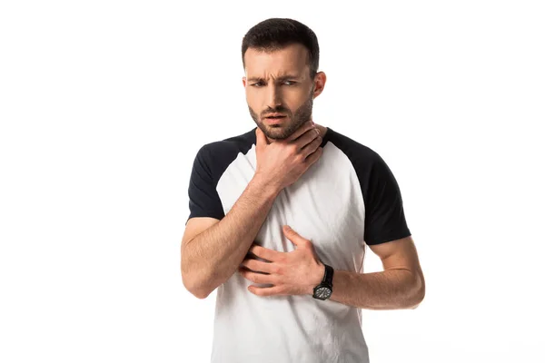 Homem doente tocando dor de garganta isolado no branco — Fotografia de Stock