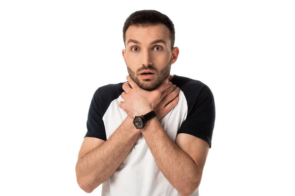 Shocked man touching sore throat isolated on white — Stock Photo