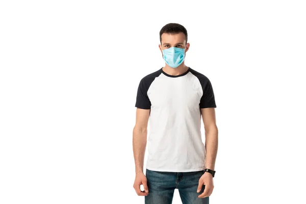 Man in medical mask standing isolated on white — Stock Photo