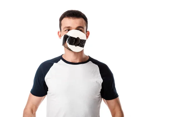 Mann mit Klebeband und Toilettenpapier im Gesicht isoliert auf weiß — Stockfoto