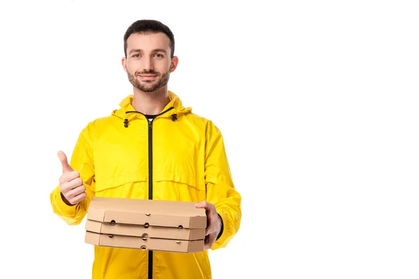Happy delivery man with pizza boxes showing thumb up isolated on white — Stock Photo