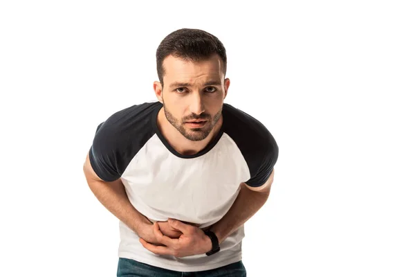 Sick man touching stomach and having nausea isolated on white — Stock Photo