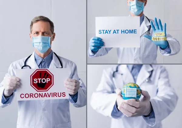 Collage of doctor in medical mask holding placards with stop coronavirus, stay at home lettering and globe on grey — Stock Photo