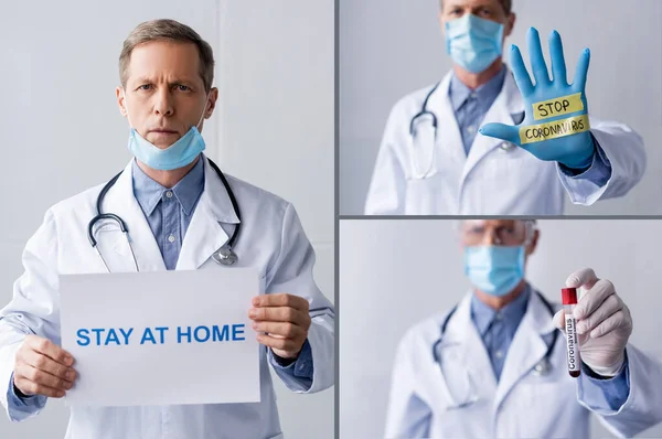 Коллаж зрелого врача в медицинской маске, держащего плакат с надписью дома и пробиркой на сером — стоковое фото
