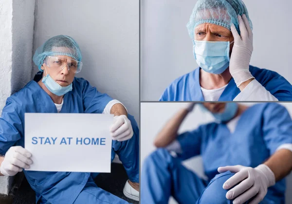 Colagem de médico cansado e maduro em máscara médica, boné e óculos segurando cartaz com estadia em casa lettering — Fotografia de Stock