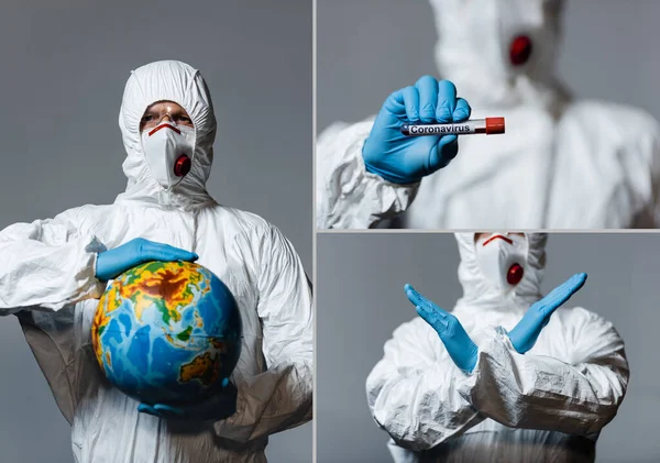 Colagem de homem em equipamento de proteção individual segurando globo, tubos de ensaio e mostrando mão com parada coronavírus lettering isolado em cinza — Fotografia de Stock