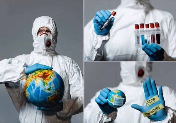 Collage del hombre en equipo de protección personal sosteniendo globo, tubos de ensayo y mostrando la mano con letras de coronavirus stop aisladas en gris - foto de stock