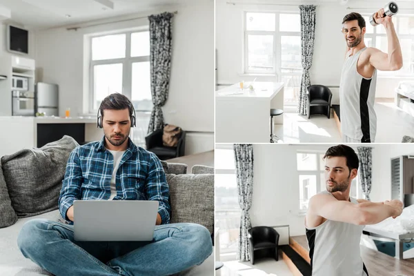 Collage von Mann im Kopfhörer mit Laptop und Training zu Hause — Stockfoto