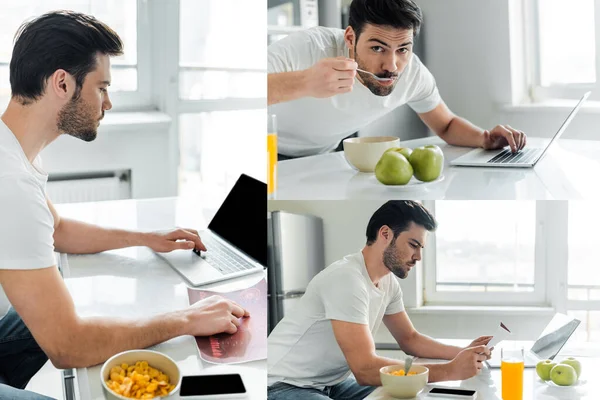 Collage of man working with laptop and charts near cereals on kitchen table — Stock Photo