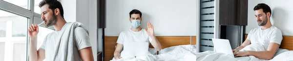 Collage of man brushing teeth and using laptop in medical mask in bed, panoramic orientation — Stock Photo