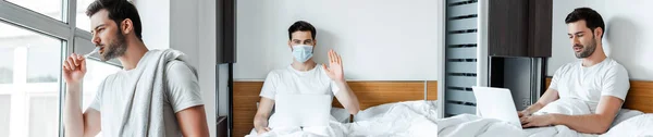 Collage of man brushing teeth and using laptop in medical mask in bed, panoramic orientation — Stock Photo