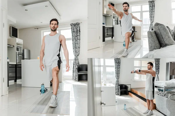 Коллаж человека в спортивной одежде с гантелями во время тренировки дома — стоковое фото