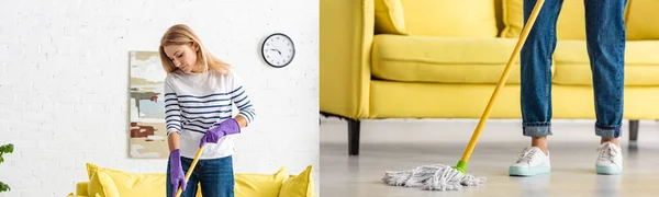 Collage de mujer rubia limpiando con fregona en salón, plano panorámico - foto de stock