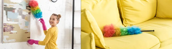 Collage eines Kindes, das Staub vom Bild fegt, mit Staubwedel und buntem Staubwedel auf Sofa im Wohnzimmer, Panoramaaufnahme — Stockfoto