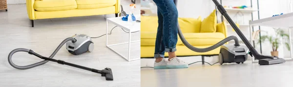 Collage of woman cleaning up with vacuum cleaner in living room, panoramic shot — Stock Photo