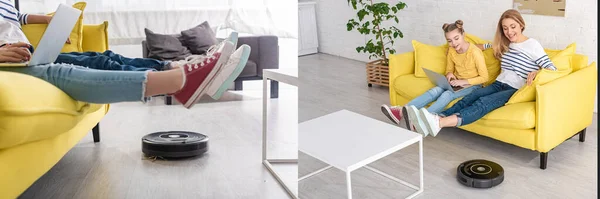 Collage of mother and cute daughter with laptop and raised legs on sofa smiling and looking at robotic vacuum cleaner on floor, panoramic shot — Stock Photo