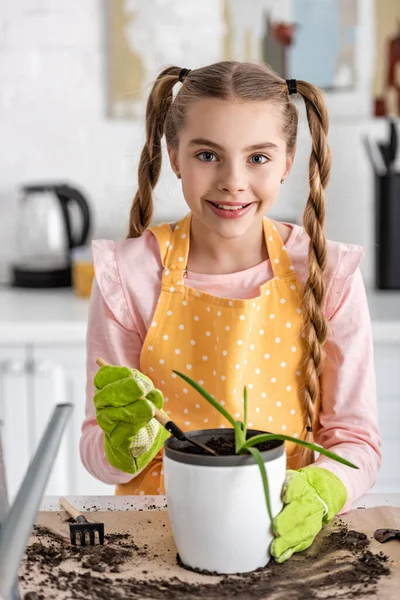 Front view of cute child with shovel and flowerpot with aloe near table with ground in kitchen — Stock Photo