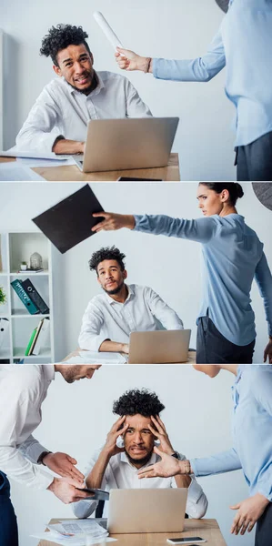 Collage of multiethnic business people quarreling at offended african american colleague in office — Stock Photo