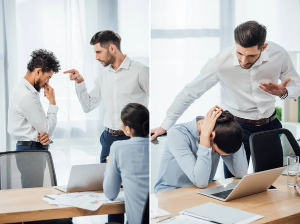 Collage de hombres de negocios señalando al hombre afroamericano y peleando con un colega mexicano en el cargo - foto de stock