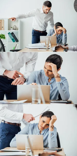 Colagem de empresário apontando para relógio de pulso e segurando documento perto de colega mexicano triste no escritório — Fotografia de Stock