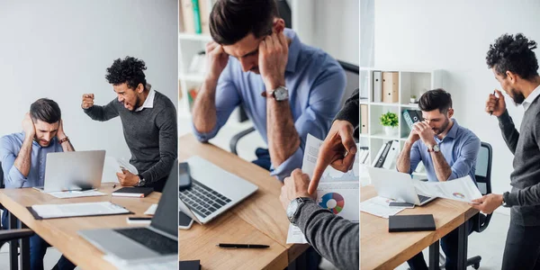 Collage of african american businessman pointing with finger and quarreling at colleague in office — Stock Photo