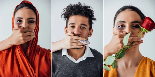 Collage de manos masculinas y femeninas cubriendo la boca al hombre afroamericano y a la mujer india con moretones aislados en gris - foto de stock