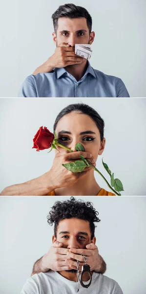 Collage of male hand holding dollars, rose and handcuffs near mouth of multiethnic people isolated on grey — Stock Photo