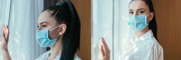 Коллаж грустной молодой женщины в медицинской маске, стоящей у окна дома — стоковое фото