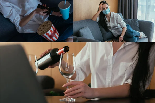 Collage de mujer viendo la televisión, jugando al ajedrez y vertiendo vino en el vaso cerca de la computadora portátil - foto de stock