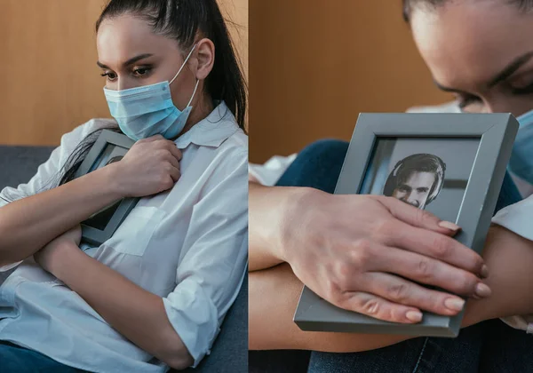 Collage de jeune femme déprimée en deuil tout en tenant la photo du petit ami près de la poitrine — Photo de stock