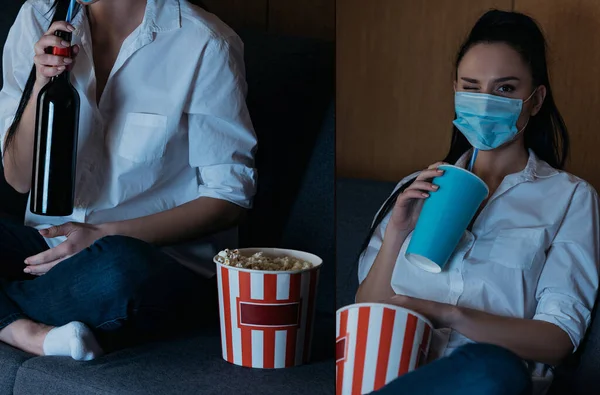 Collage of woman in medical mask winking at camera while watching tv with bottle of wine, soda and popcorn — Stock Photo