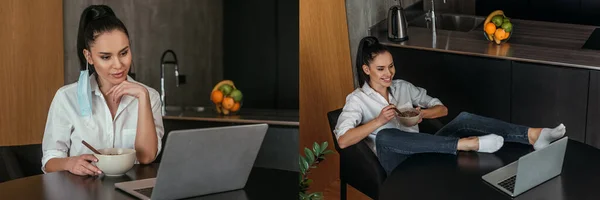 Colagem de jovem mulher tomando café da manhã durante o bate-papo por vídeo no laptop, colheita horizontal — Fotografia de Stock