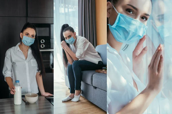Collage of depressed woman in protective mask touching bottle of milk in kitchen, sitting on sofa, standing by window — Stock Photo