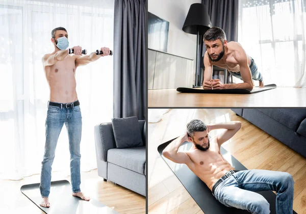 Collage eines hemdslosen Männertrainings auf der Fitnessmatte zu Hause — Stockfoto