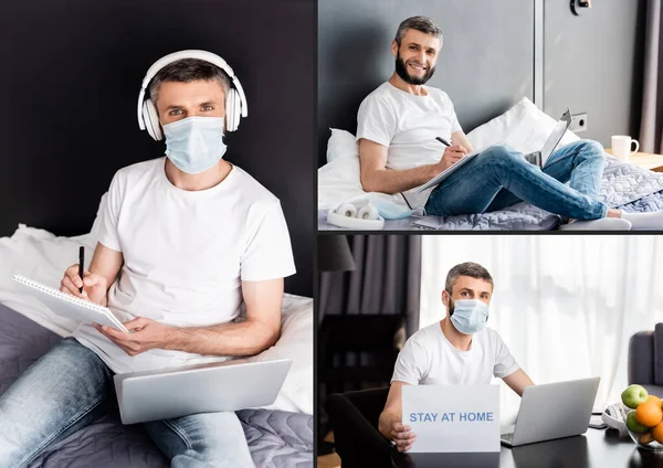 Коллаж фрилансера с помощью ноутбука, ноутбука и держателя карты с пребыванием дома буквы на дому — стоковое фото