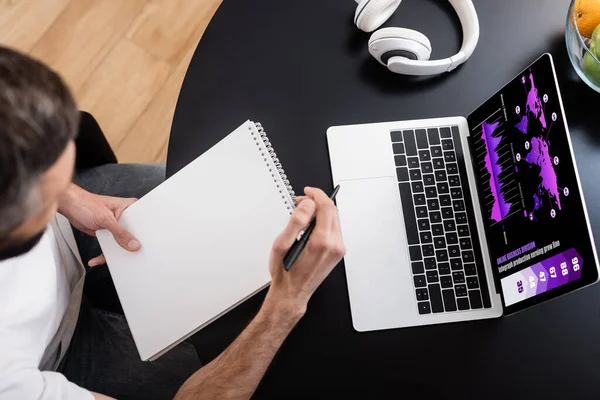 Overhead view of freelancer holding notebook near laptop with charts on screen — Stock Photo