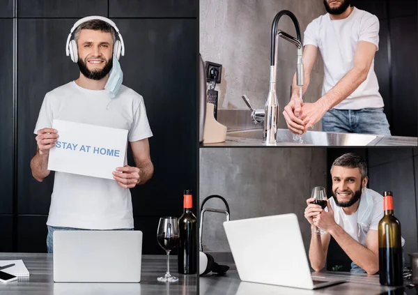 Collage di uomo sorridente che tiene carta con soggiorno a casa lettering vicino al computer portatile, bere vino e lavarsi le mani in cucina — Foto stock