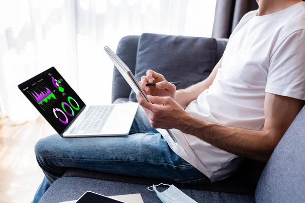 Cropped view of man writing on notebook near laptop with charts and medical mask on sofa — Stock Photo
