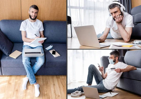 Colagem de freelancer trabalhando com laptop e usando cartão de crédito perto de máscara médica em casa — Fotografia de Stock