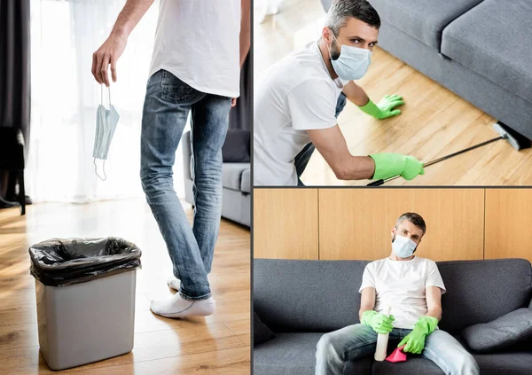 Collage de hombre sosteniendo máscara médica cerca de bote de basura y piso de limpieza en casa - foto de stock