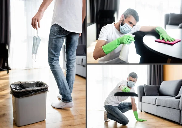 Collage del hombre sosteniendo la máscara médica cerca del bote de basura, limpiando la mesa y sosteniendo la escoba en casa - foto de stock