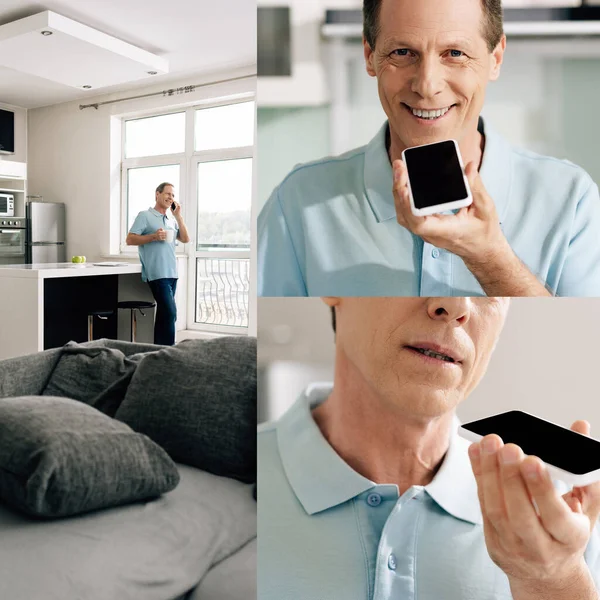 Collage von Mann lächelt und Sprachnachricht auf Smartphone aufzeichnet — Stockfoto