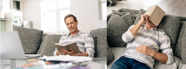 Collage eines gut aussehenden Mannes, der lächelt, Buch liest und sich im Wohnzimmer ausruht — Stockfoto