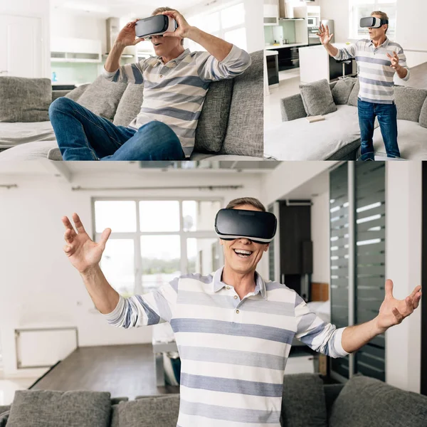 Collage del hombre emocional en auriculares de realidad virtual en casa - foto de stock