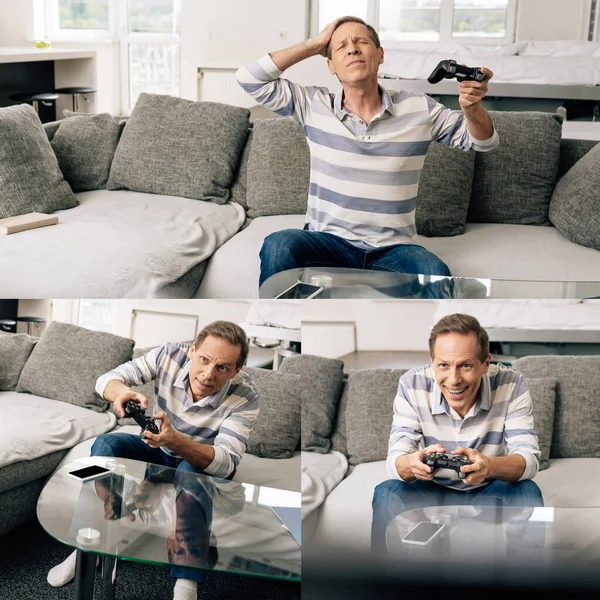 KYIV, UKRAINE - APRIL 14, 2020: collage of man playing video game near smartphones with blank screen on coffee table — Stock Photo