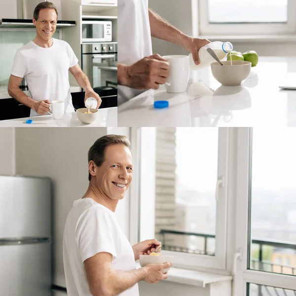 Collage of happy man pouring milk in bowl with cornflakes near laptop — Stock Photo