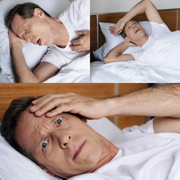 Collage de enfermo tocando la cabeza y tosiendo en el dormitorio — Stock Photo