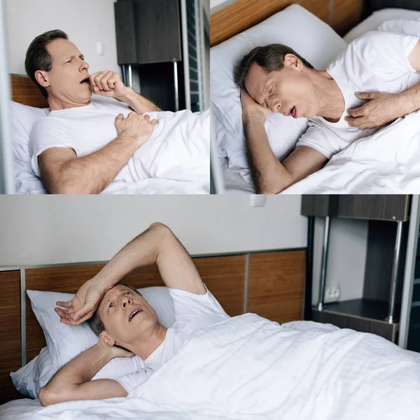 Collage de l'homme malade toussant et touchant le front dans la chambre — Photo de stock