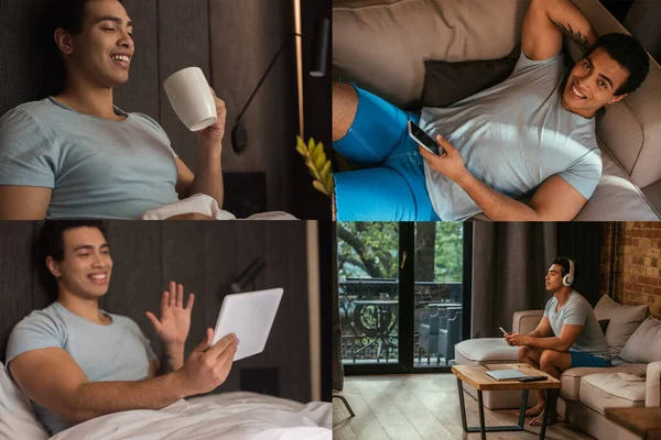 Collage with happy mixed race man chilling with coffee and digital devices at home during self isolation — Stock Photo